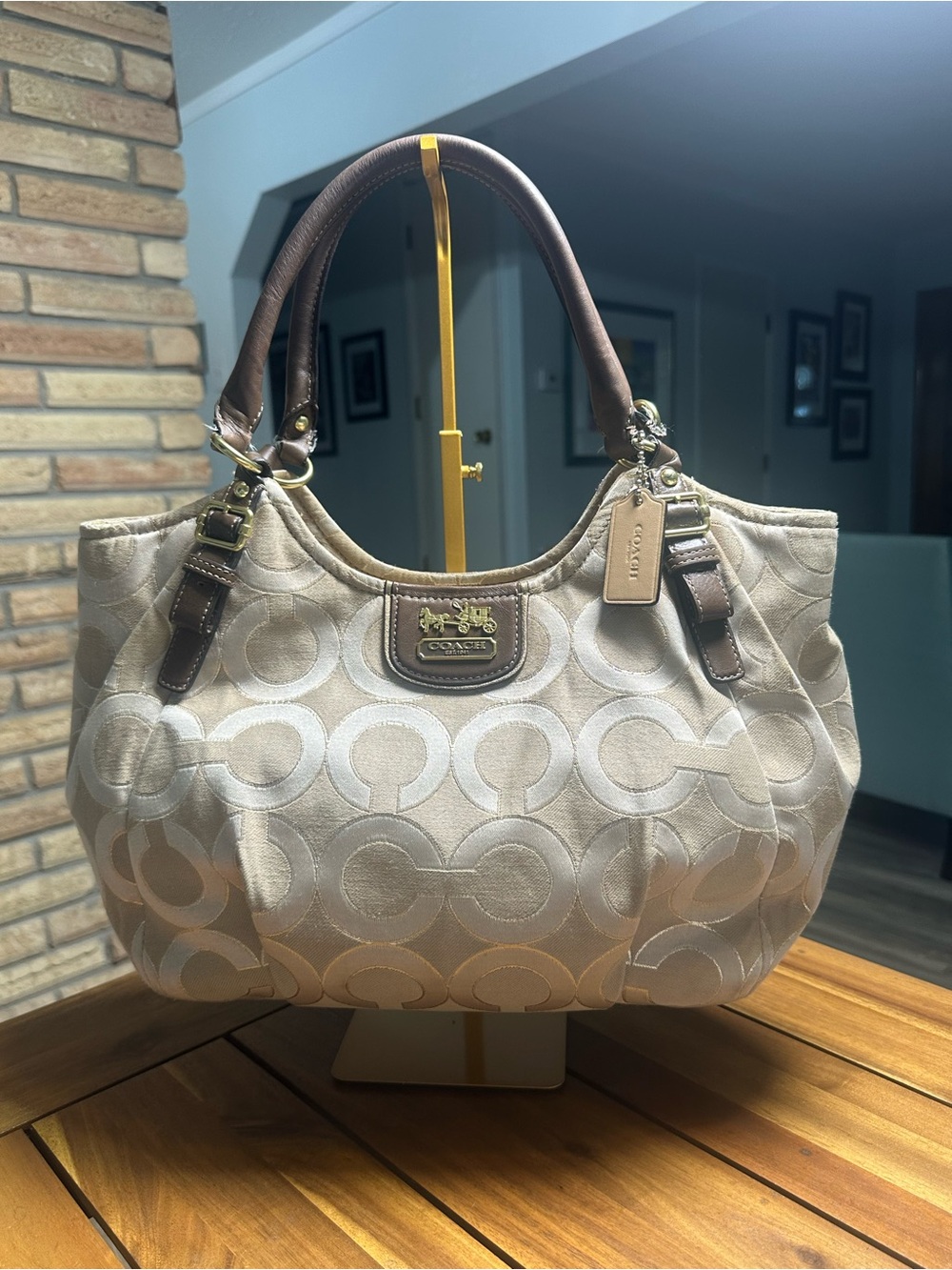 Coach Beige Madison Abigail Op Art  Shoulder Bag  with Brown Leather Trim